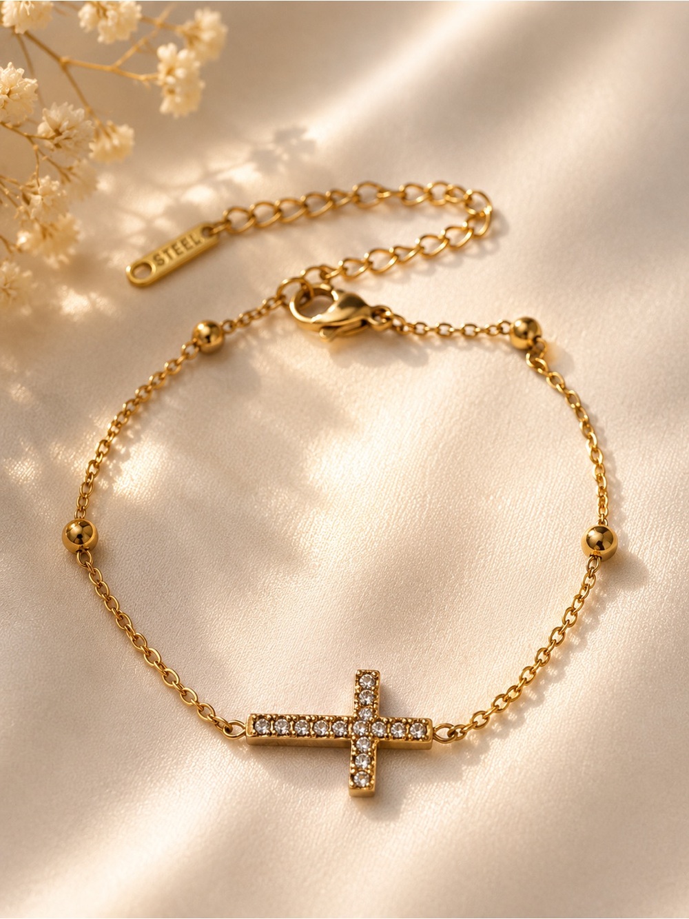 18k Gold Plated Crystal Cross Bracelet - Adjustable
